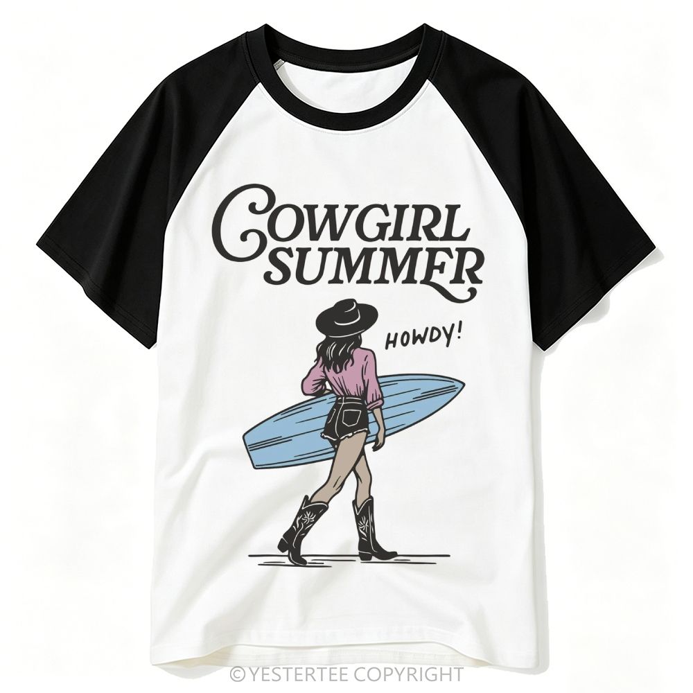 Yestertee  Western Surf Cowgirl Retro Script Howdy Baseball T-shirt