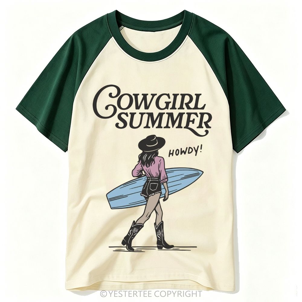 Yestertee  Western Surf Cowgirl Retro Script Howdy Baseball T-shirt