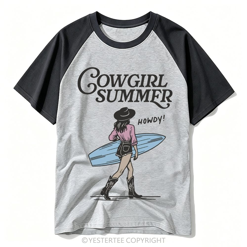 Yestertee  Western Surf Cowgirl Retro Script Howdy Baseball T-shirt