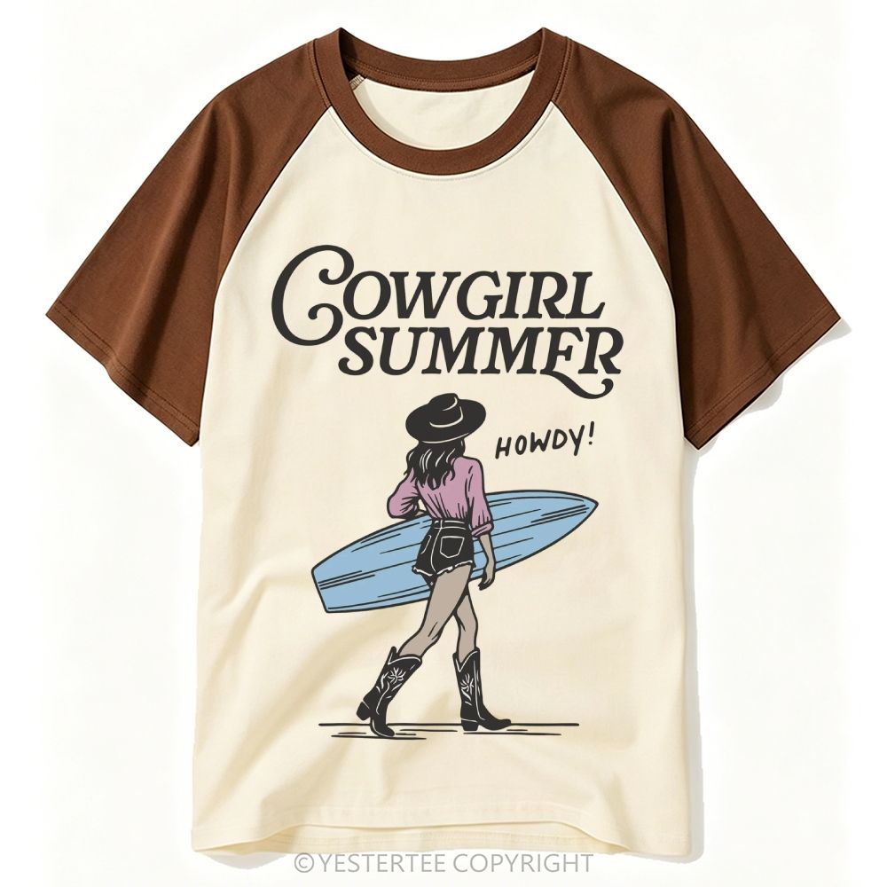Yestertee  Western Surf Cowgirl Retro Script Howdy Baseball T-shirt