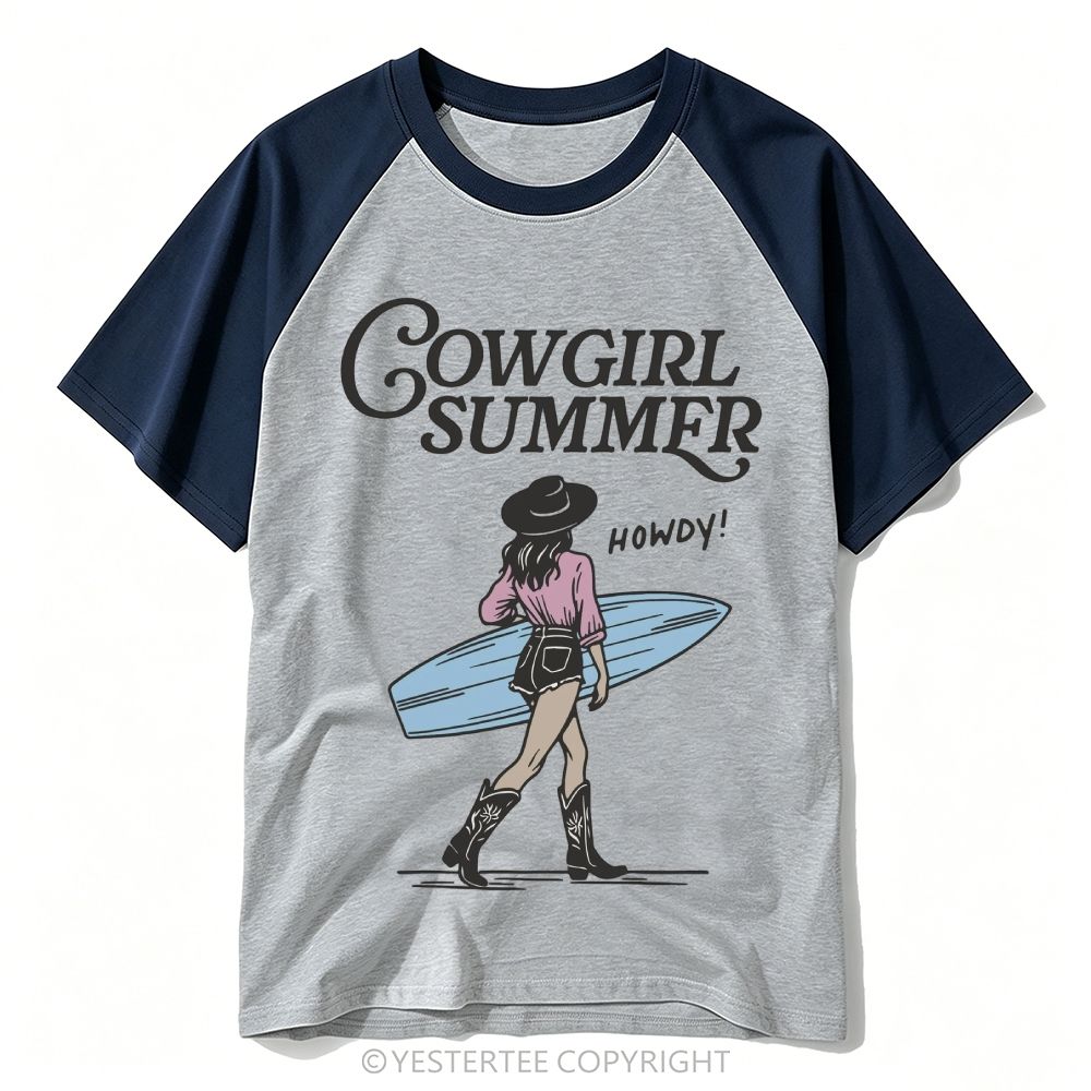 Yestertee  Western Surf Cowgirl Retro Script Howdy Baseball T-shirt
