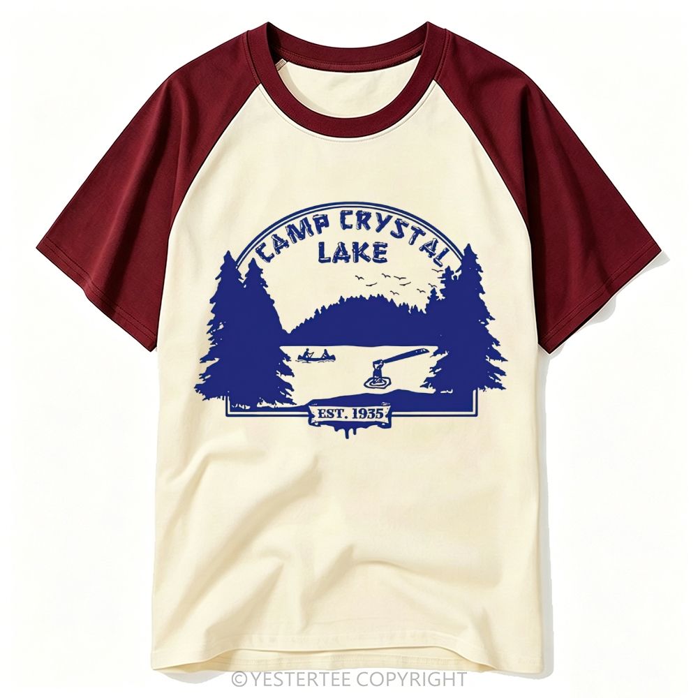 Yestertee Forest Lake Camp Hockey Silhouette Distressed Baseball T-shirt