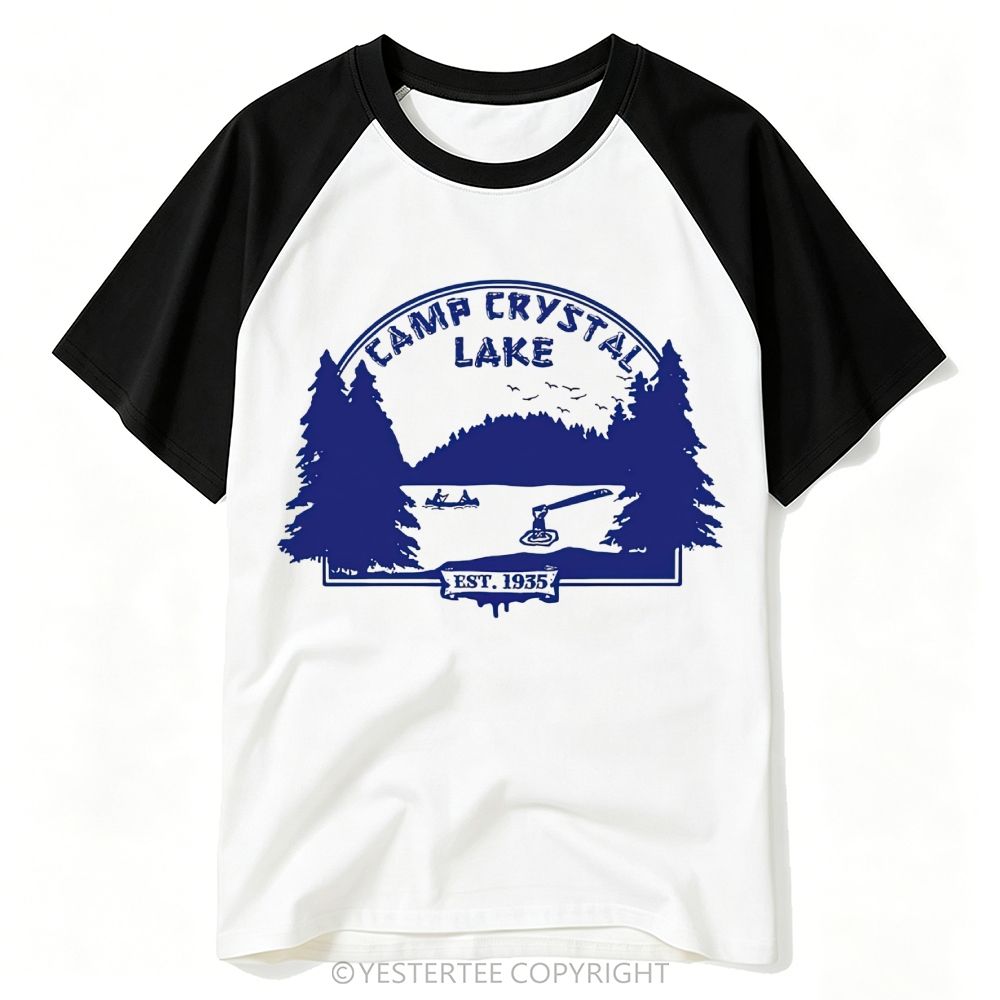 Yestertee Forest Lake Camp Hockey Silhouette Distressed Baseball T-shirt