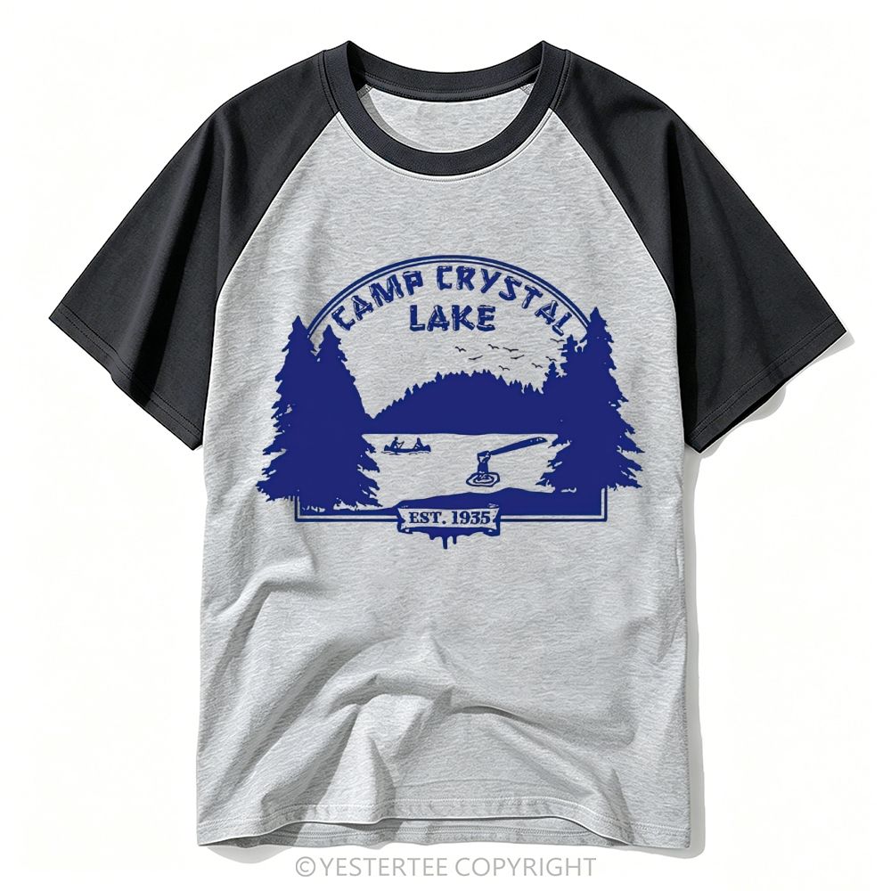 Yestertee Forest Lake Camp Hockey Silhouette Distressed Baseball T-shirt
