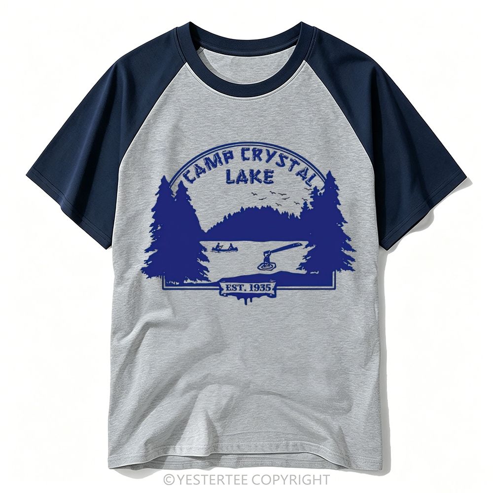 Yestertee Forest Lake Camp Hockey Silhouette Distressed Baseball T-shirt