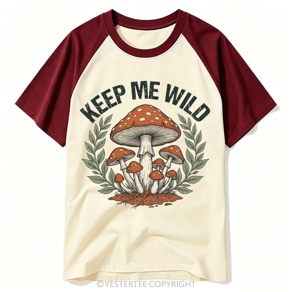 Woodcut Fly Agaric Mushroom Laurel Wreath Wild Quote Baseball T-shirt
