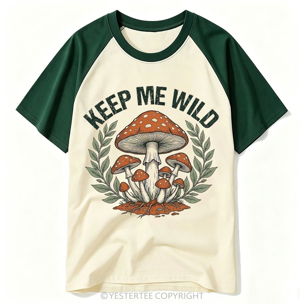 Woodcut Fly Agaric Mushroom Laurel Wreath Wild Quote Baseball T-shirt