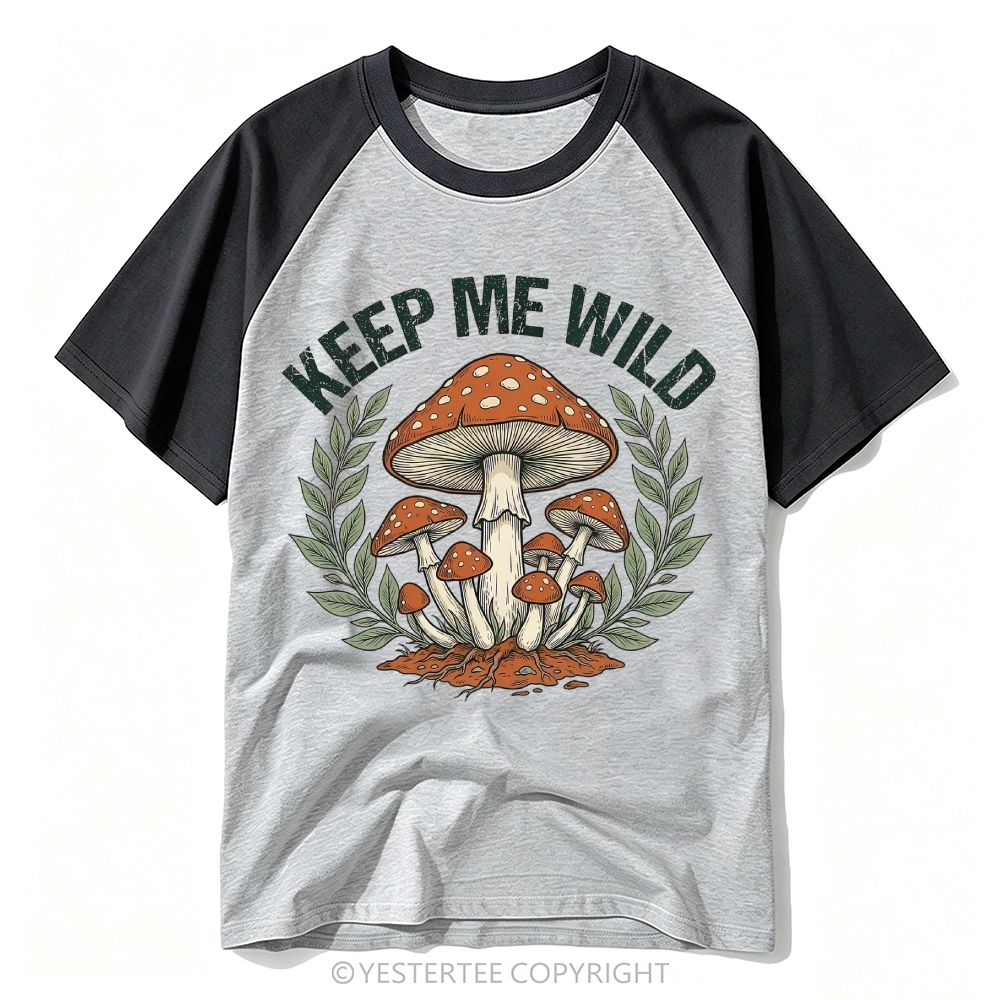 Woodcut Fly Agaric Mushroom Laurel Wreath Wild Quote Baseball T-shirt