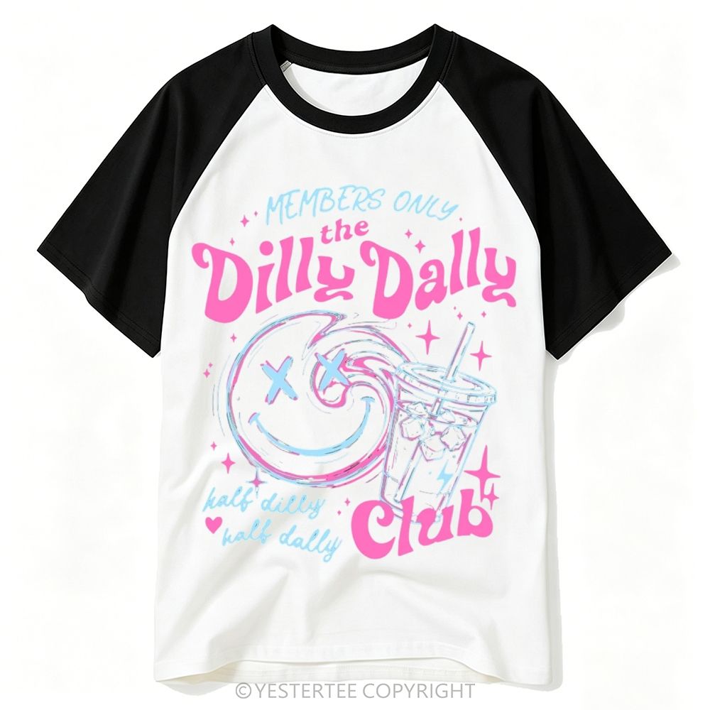 Yestertee Y2K Neon Pink Blue Smiley Iced Drink Dilly Dally Club Baseball T-shirt