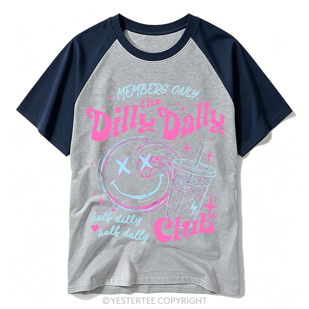 Yestertee Y2K Neon Pink Blue Smiley Iced Drink Dilly Dally Club Baseball T-shirt