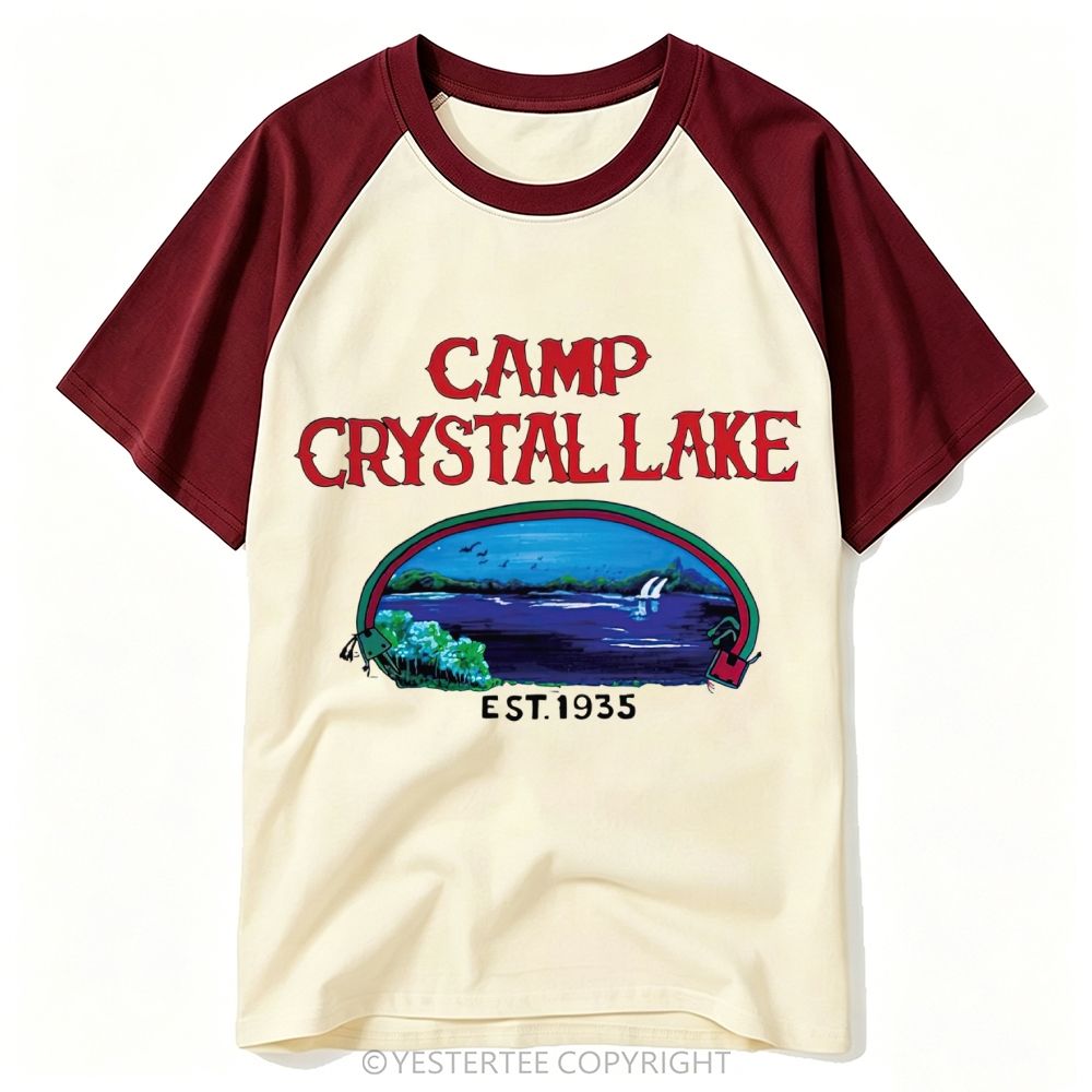 Yestertee Retro Horror Camp Crystal Lake Vintage Lake Landscape Baseball T-shirt