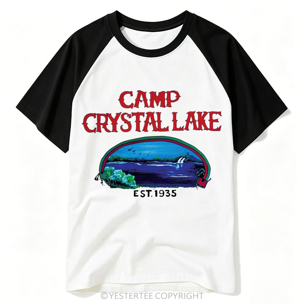 Yestertee Retro Horror Camp Crystal Lake Vintage Lake Landscape Baseball T-shirt