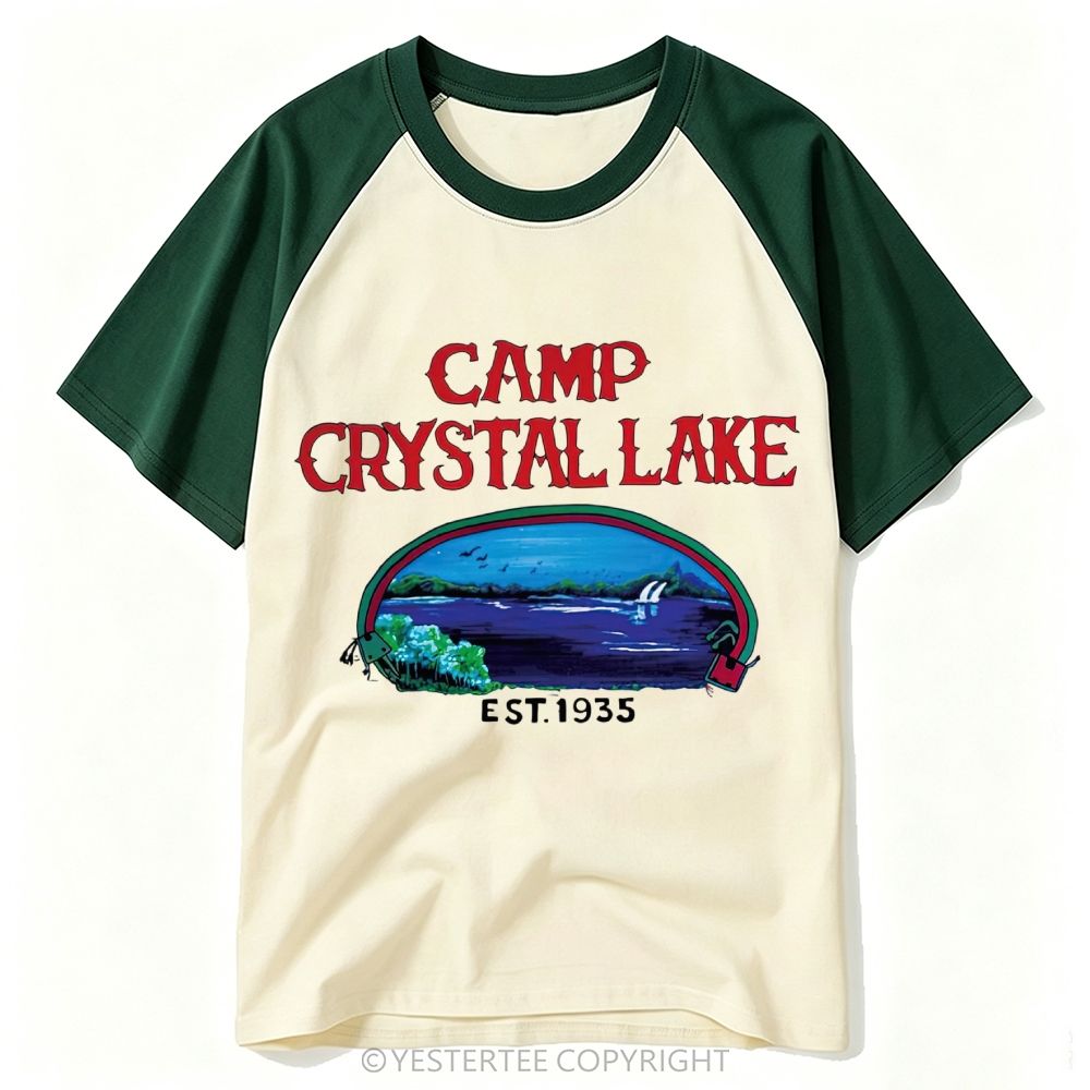 Yestertee Retro Horror Camp Crystal Lake Vintage Lake Landscape Baseball T-shirt