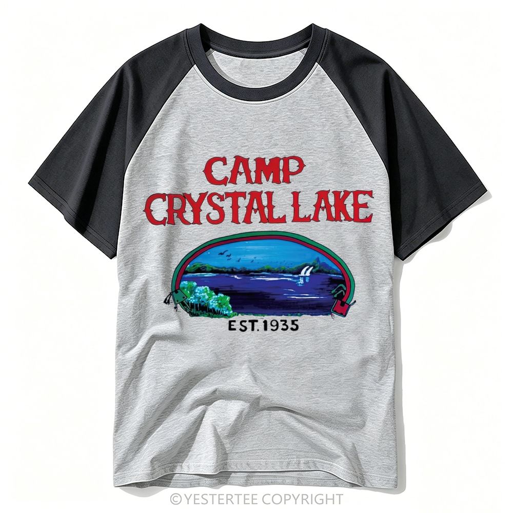 Yestertee Retro Horror Camp Crystal Lake Vintage Lake Landscape Baseball T-shirt