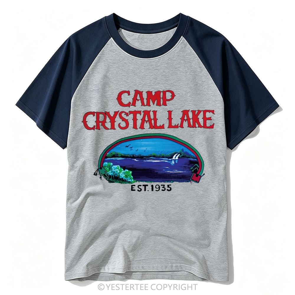 Yestertee Retro Horror Camp Crystal Lake Vintage Lake Landscape Baseball T-shirt