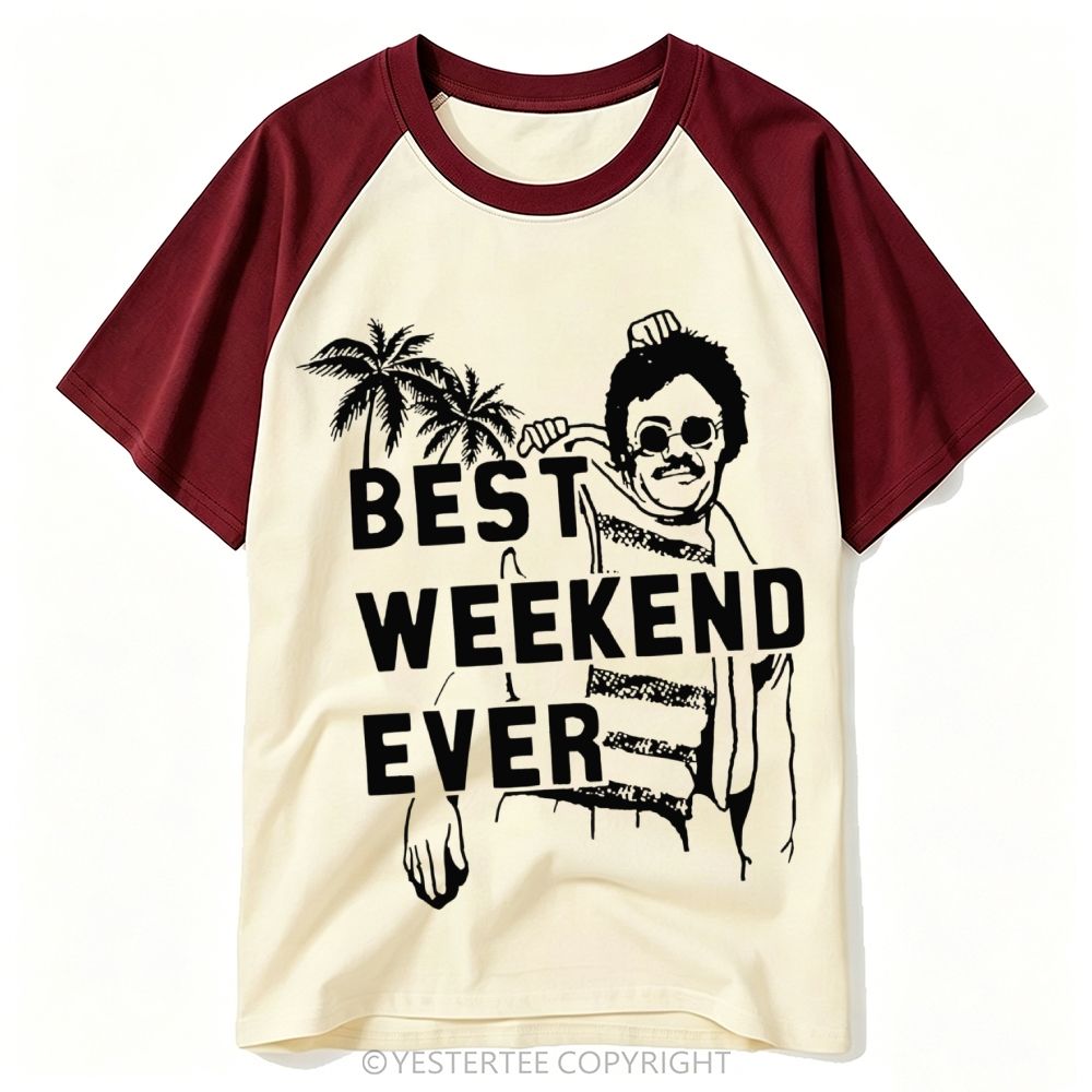 Yestertee Tropical Palm Tree Man Silhouette Best Weekend Ever Baseball T-shirt