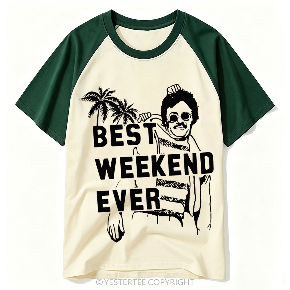 Yestertee Tropical Palm Tree Man Silhouette Best Weekend Ever Baseball T-shirt