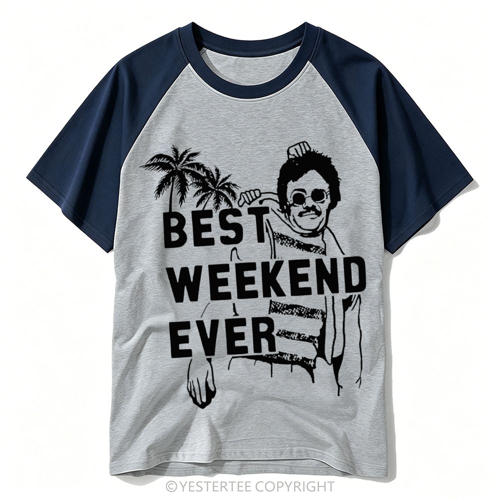 Yestertee Tropical Palm Tree Man Silhouette Best Weekend Ever Baseball T-shirt