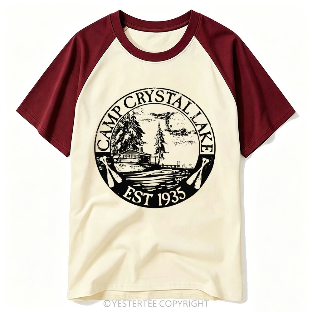 Yestertee Distressed Circular Cabin Moon Lake Camp Crystal Lake Badge Baseball T-shirt 