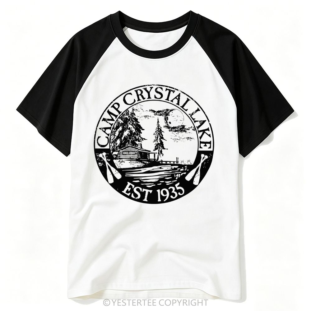 Yestertee Distressed Circular Cabin Moon Lake Camp Crystal Lake Badge Baseball T-shirt 