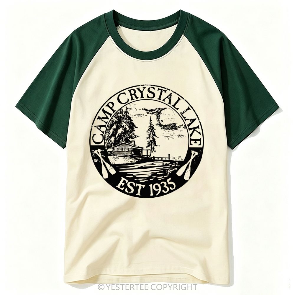 Yestertee Distressed Circular Cabin Moon Lake Camp Crystal Lake Badge Baseball T-shirt 