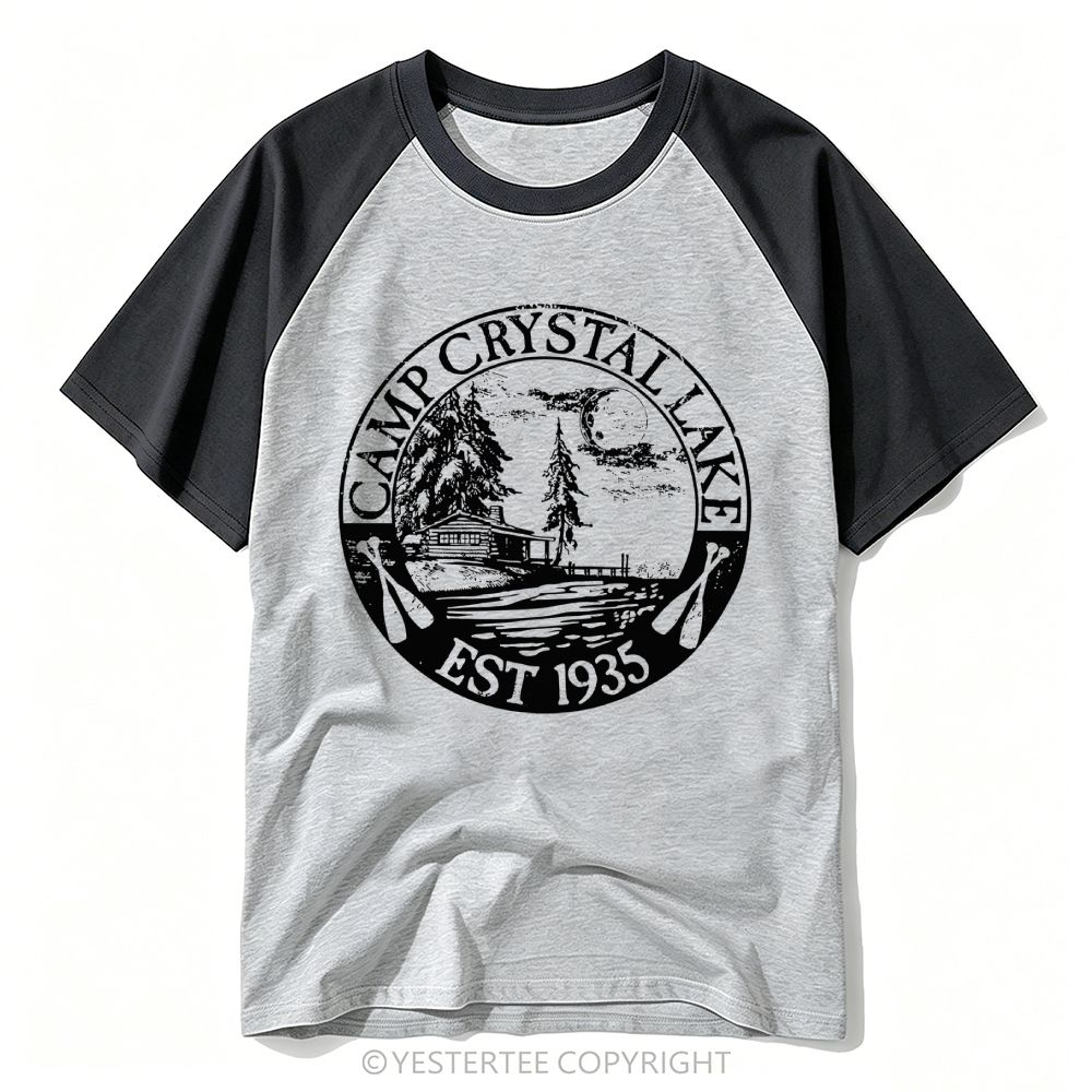 Yestertee Distressed Circular Cabin Moon Lake Camp Crystal Lake Badge Baseball T-shirt 