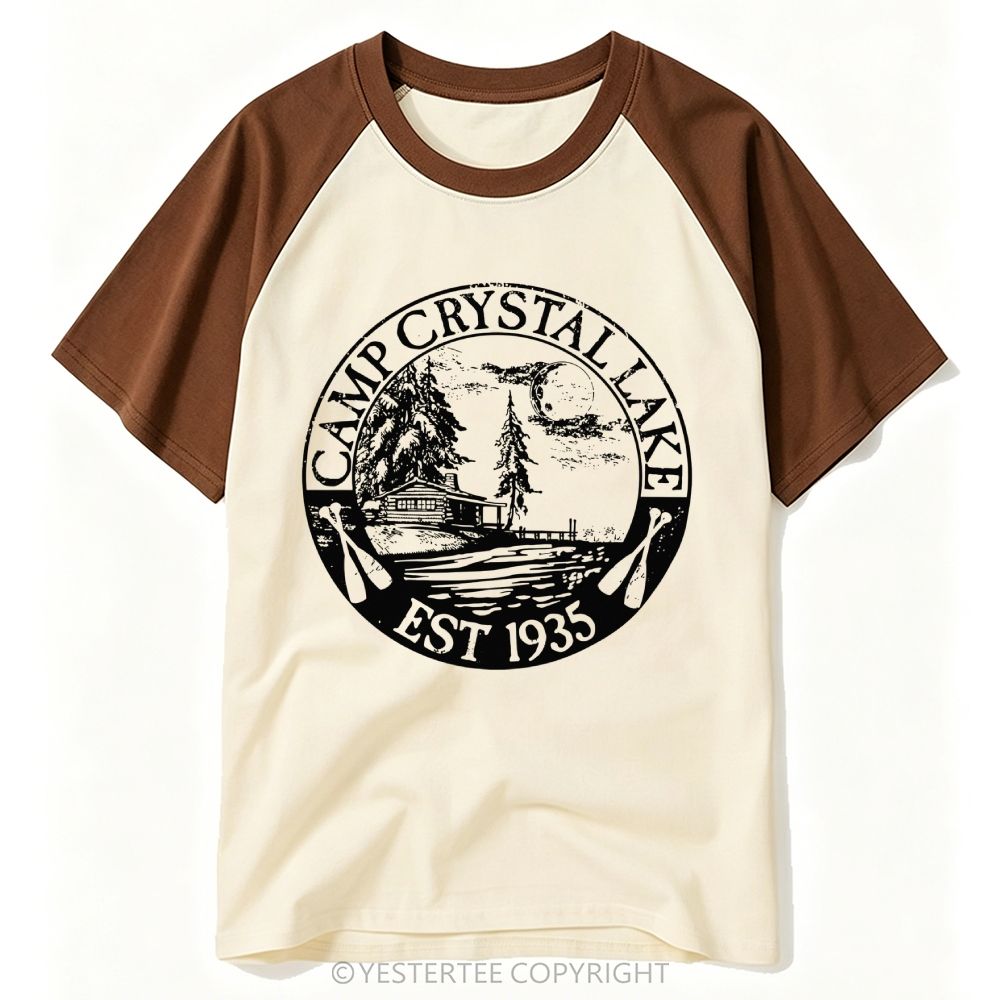 Yestertee Distressed Circular Cabin Moon Lake Camp Crystal Lake Badge Baseball T-shirt 
