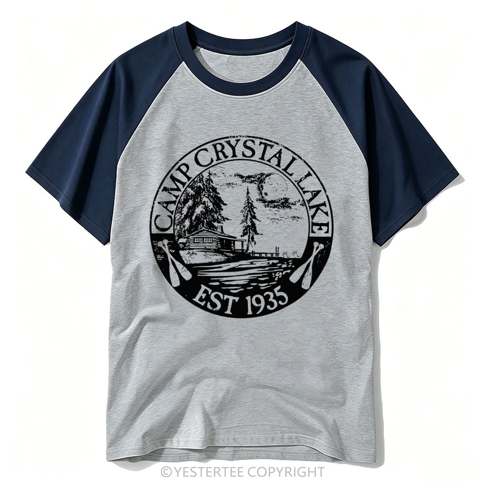 Yestertee Distressed Circular Cabin Moon Lake Camp Crystal Lake Badge Baseball T-shirt 