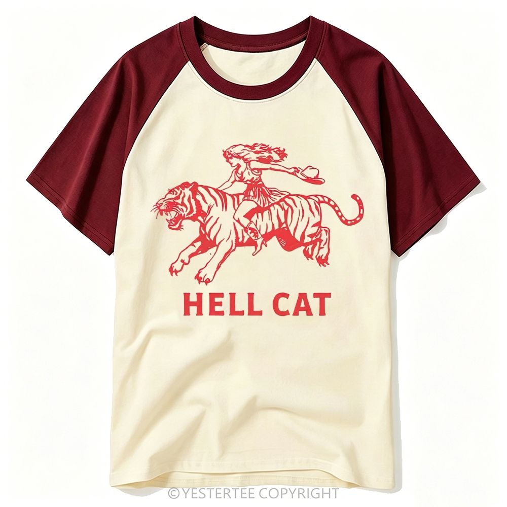 Yestertee Red Line Art Cowgirl Riding Tiger Hell Cat Western Graphic Baseball T-shirt 