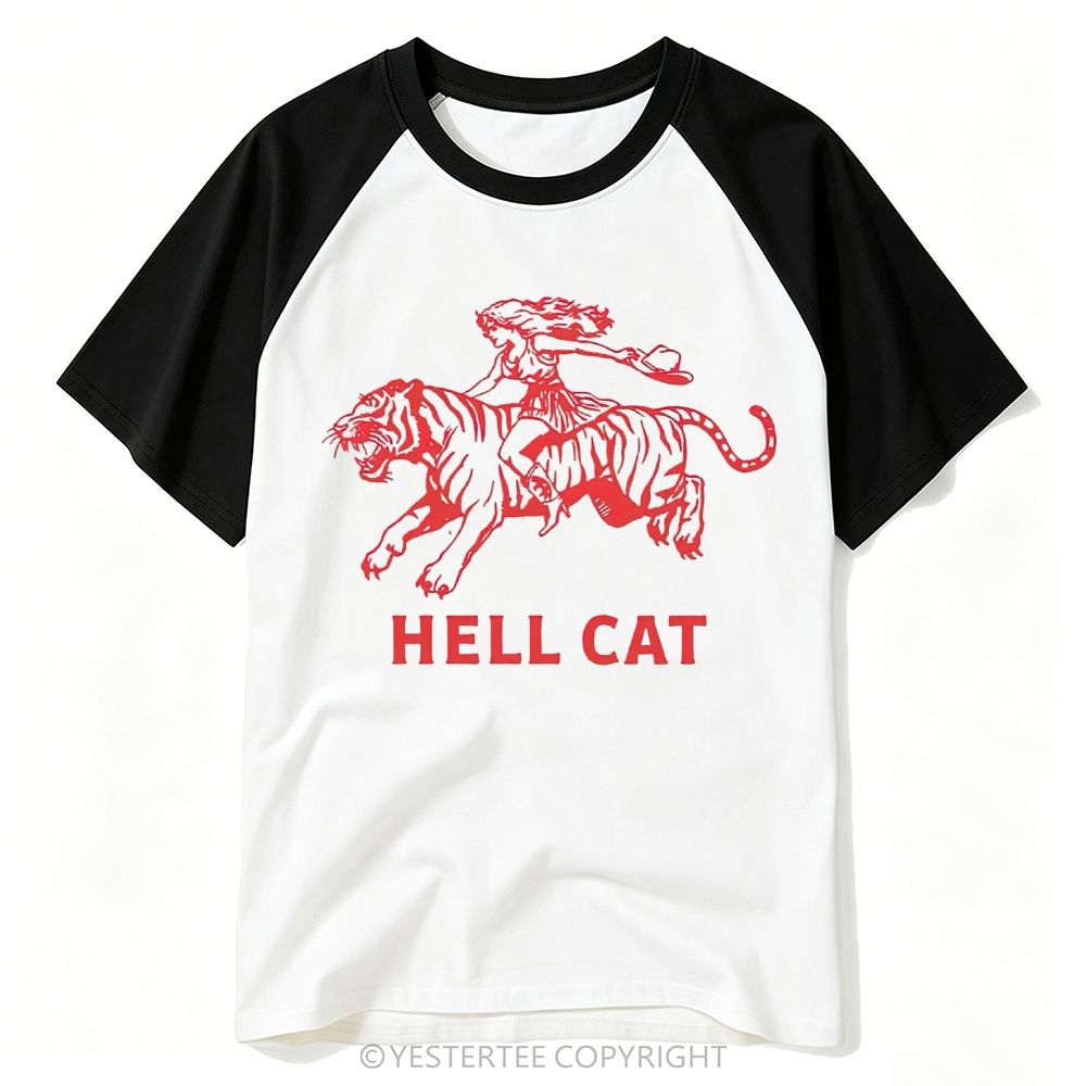 Yestertee Red Line Art Cowgirl Riding Tiger Hell Cat Western Graphic Baseball T-shirt 