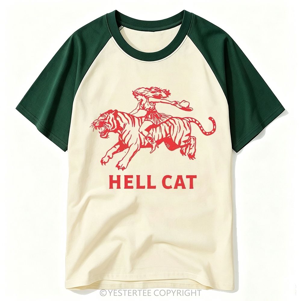 Yestertee Red Line Art Cowgirl Riding Tiger Hell Cat Western Graphic Baseball T-shirt 