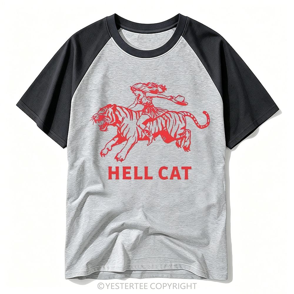 Yestertee Red Line Art Cowgirl Riding Tiger Hell Cat Western Graphic Baseball T-shirt 