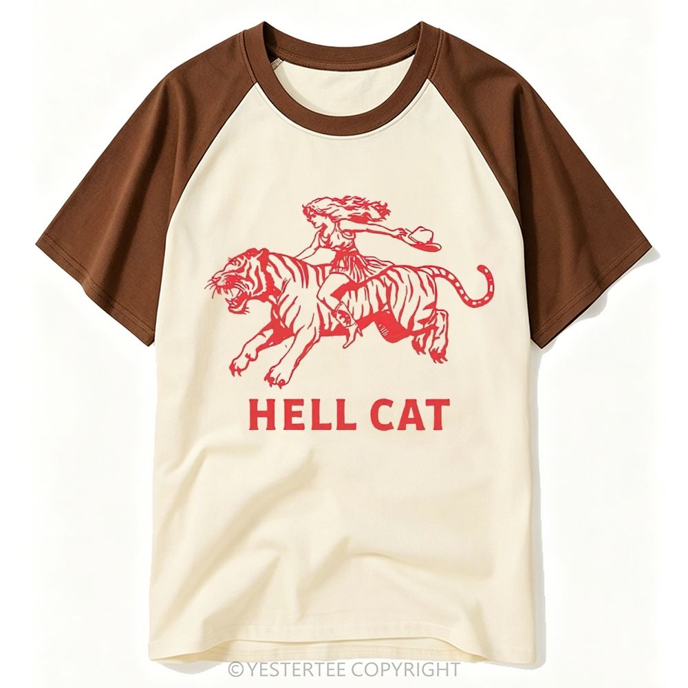 Yestertee Red Line Art Cowgirl Riding Tiger Hell Cat Western Graphic Baseball T-shirt 