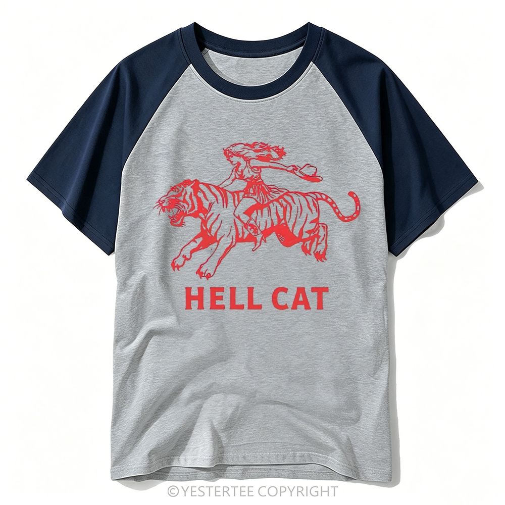 Yestertee Red Line Art Cowgirl Riding Tiger Hell Cat Western Graphic Baseball T-shirt 