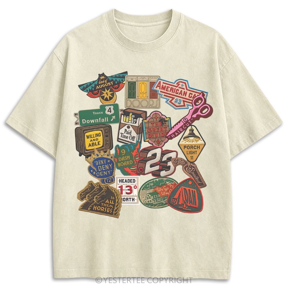 Vintage Folk Music Song Patch Collage Retro Washed T-shirt