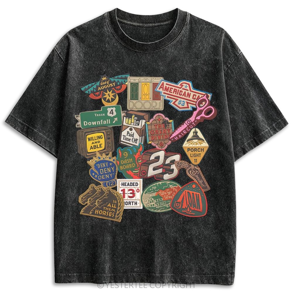 Vintage Folk Music Song Patch Collage Retro Washed T-shirt