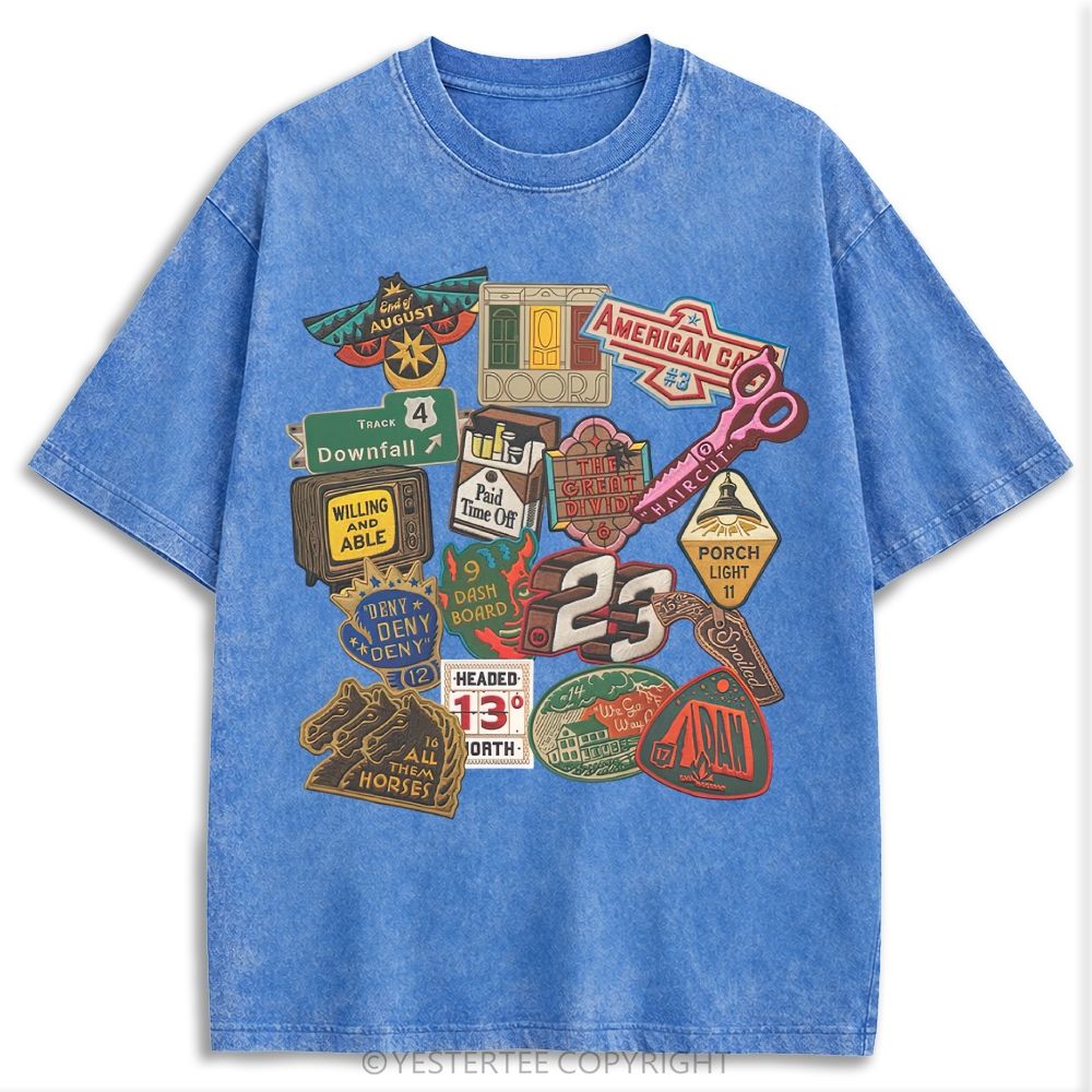 Vintage Folk Music Song Patch Collage Retro Washed T-shirt