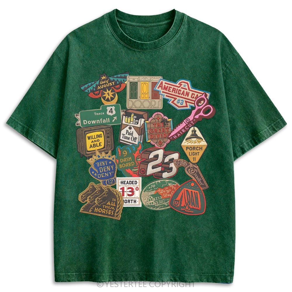 Vintage Folk Music Song Patch Collage Retro Washed T-shirt