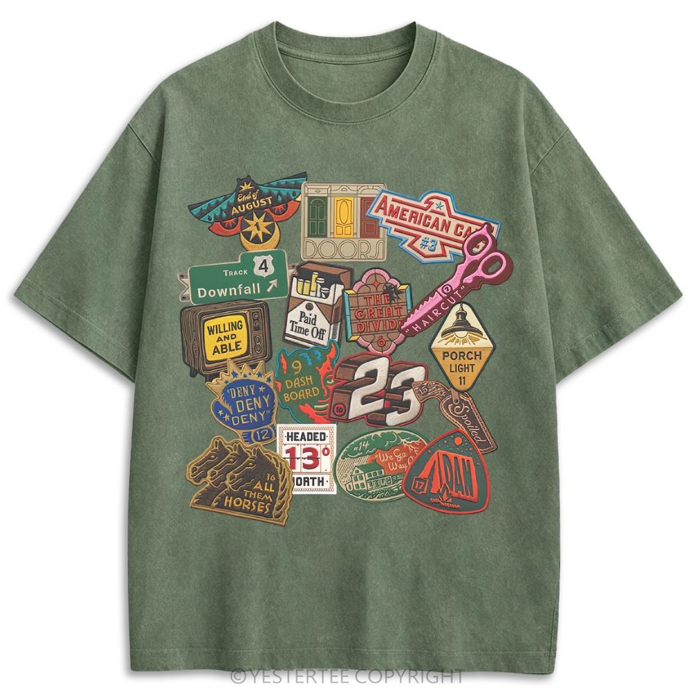 Vintage Folk Music Song Patch Collage Retro Washed T-shirt