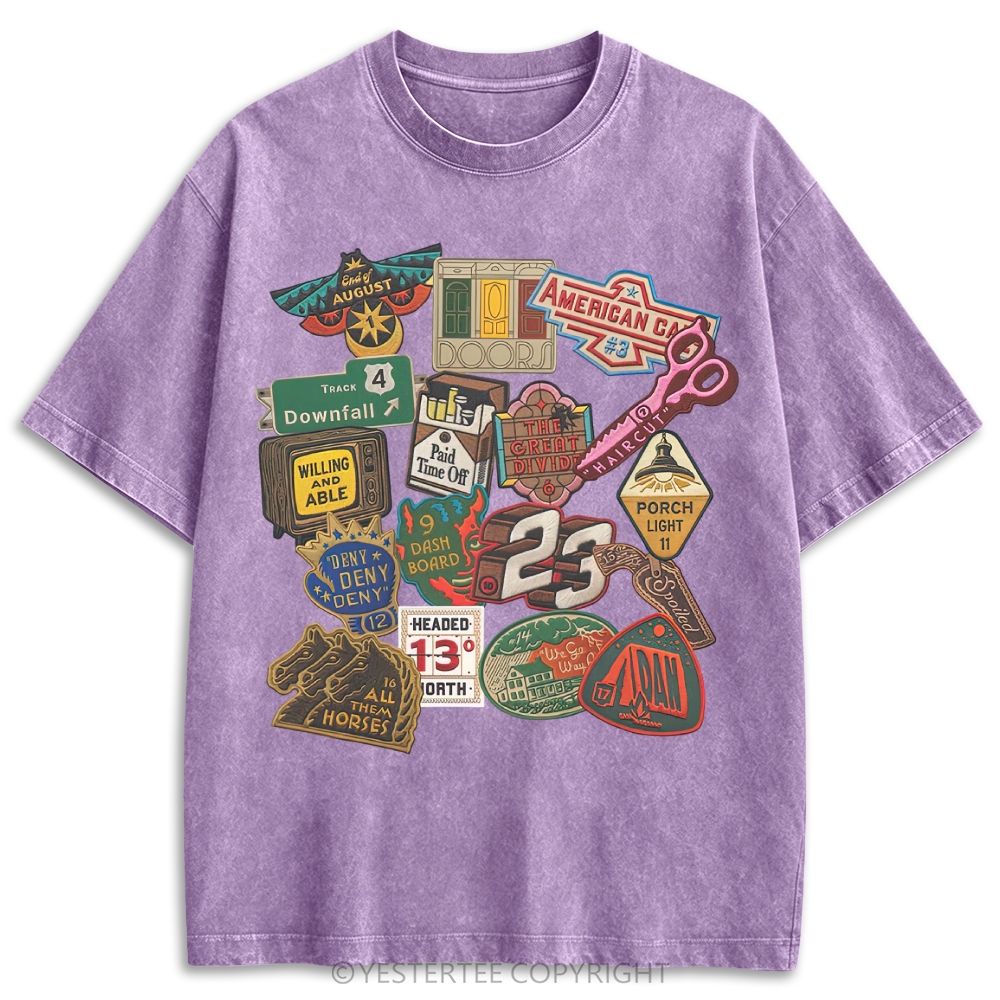 Vintage Folk Music Song Patch Collage Retro Washed T-shirt