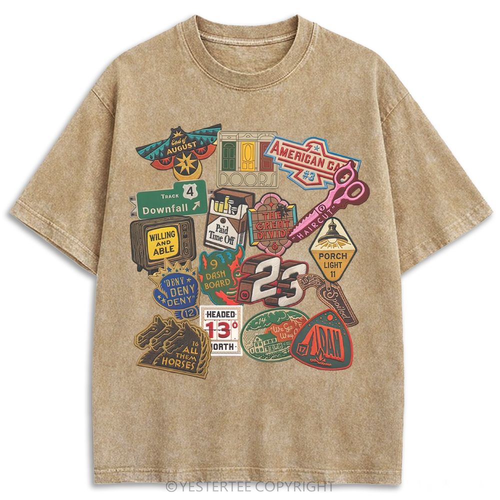 Vintage Folk Music Song Patch Collage Retro Washed T-shirt