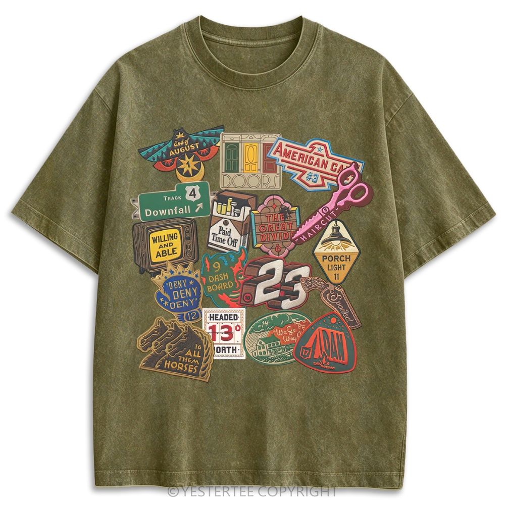 Vintage Folk Music Song Patch Collage Retro Washed T-shirt