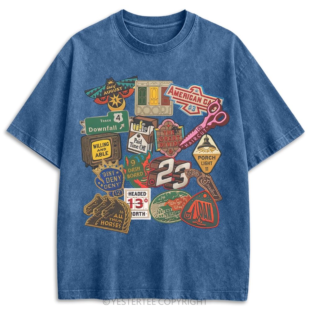 Vintage Folk Music Song Patch Collage Retro Washed T-shirt