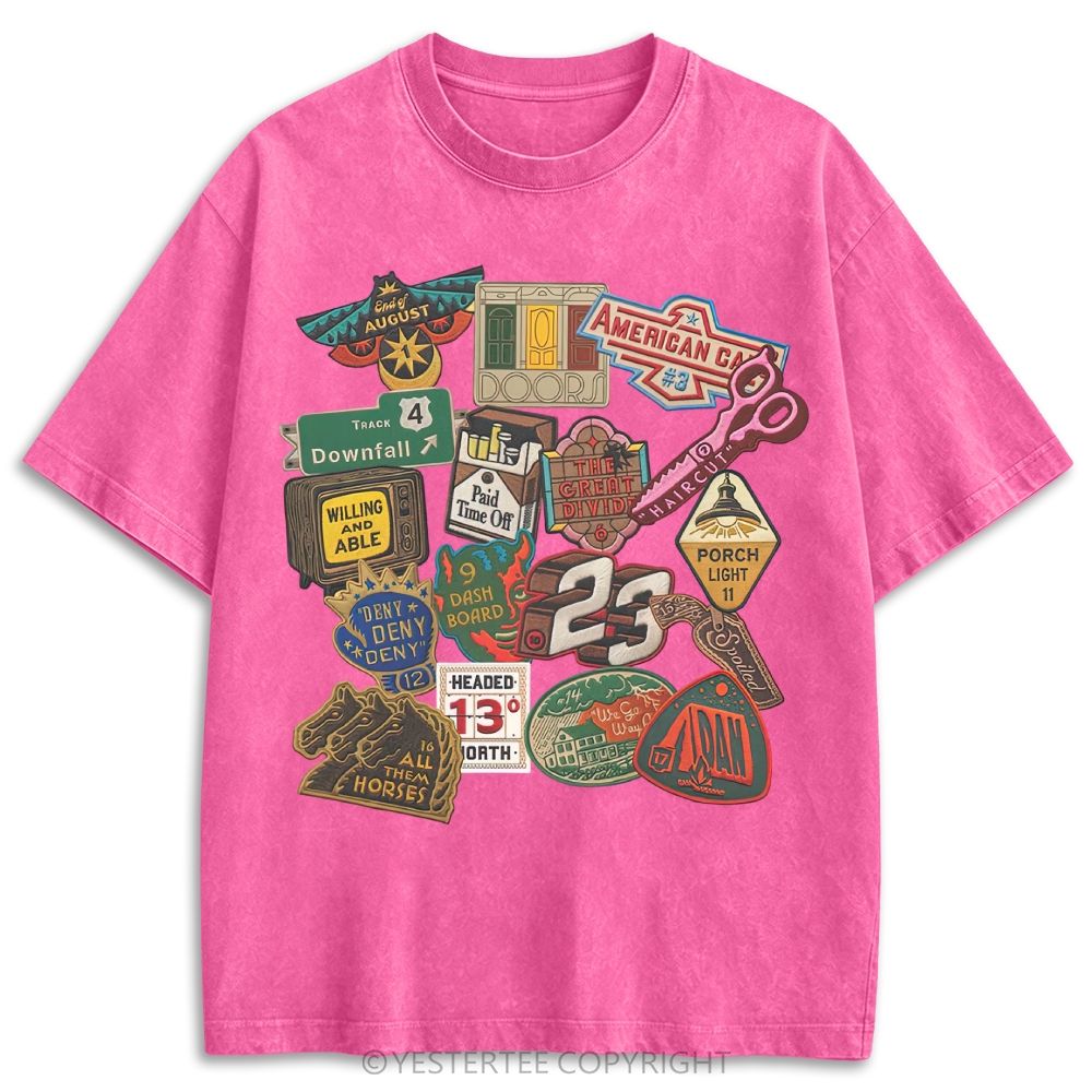 Vintage Folk Music Song Patch Collage Retro Washed T-shirt