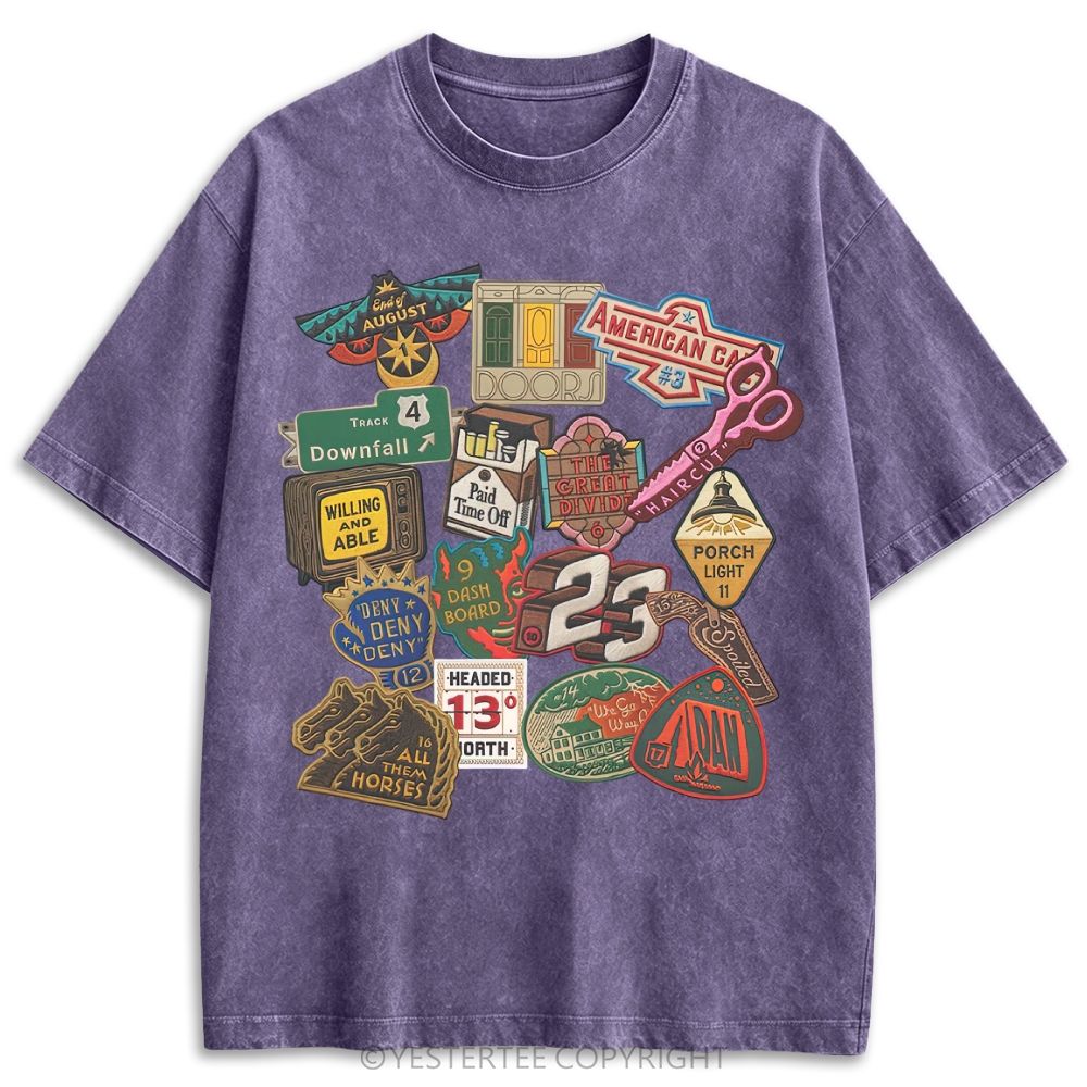 Vintage Folk Music Song Patch Collage Retro Washed T-shirt