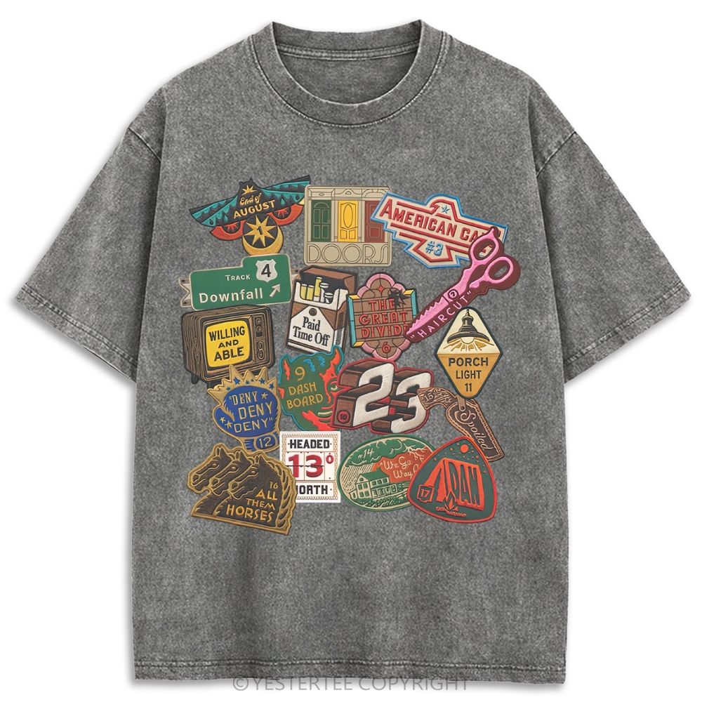 Vintage Folk Music Song Patch Collage Retro Washed T-shirt