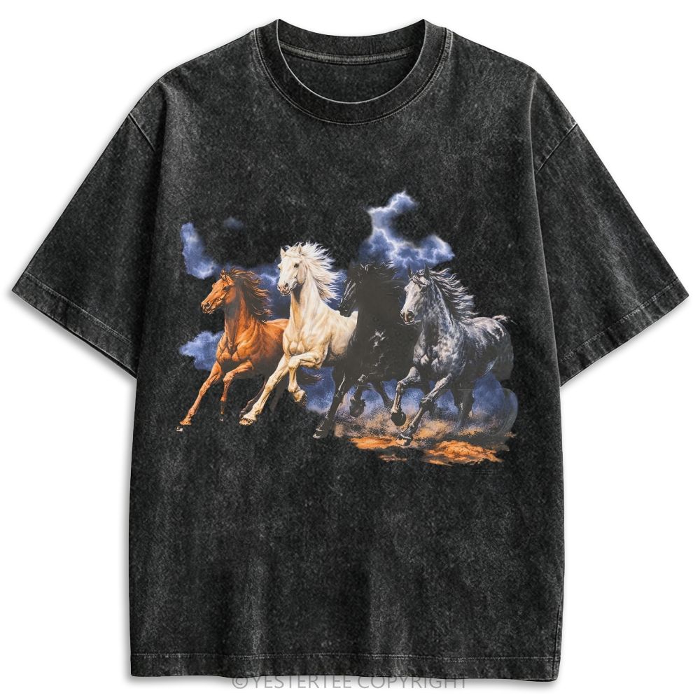 Western Storm Thunder Four Running Wild Horses Oil Retro Washed T-shirt