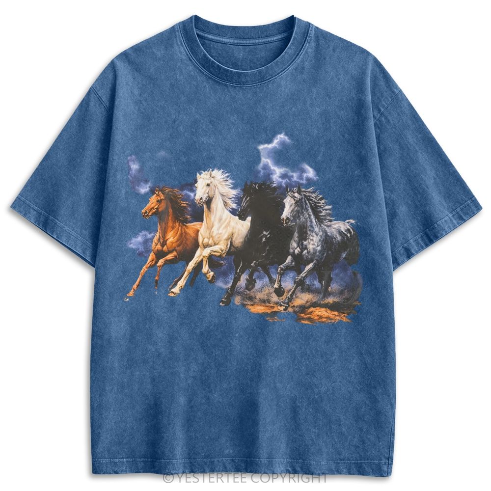 Western Storm Thunder Four Running Wild Horses Oil Retro Washed T-shirt