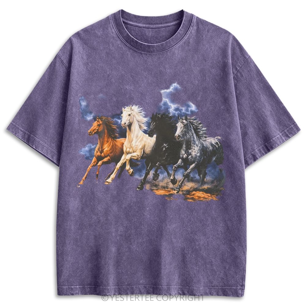 Western Storm Thunder Four Running Wild Horses Oil Retro Washed T-shirt