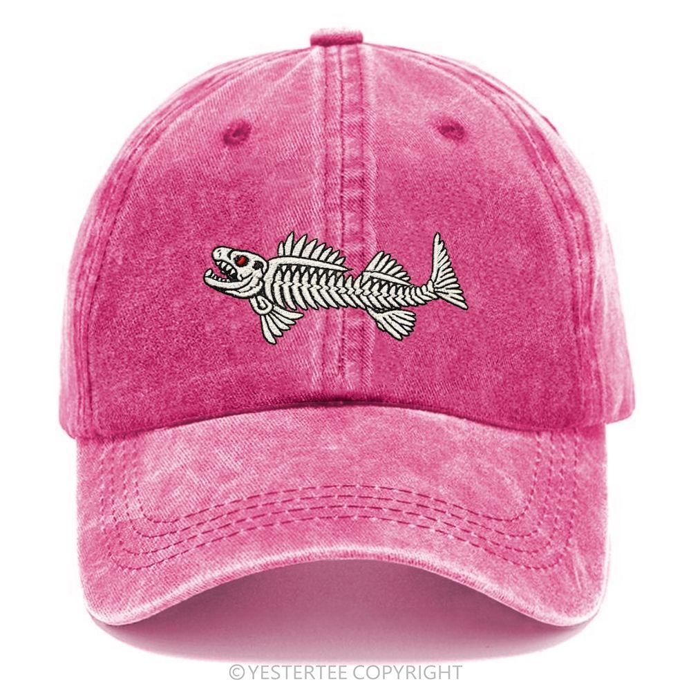 Yestertee Embroidered Vintage Skeleton Fish Washed Cap